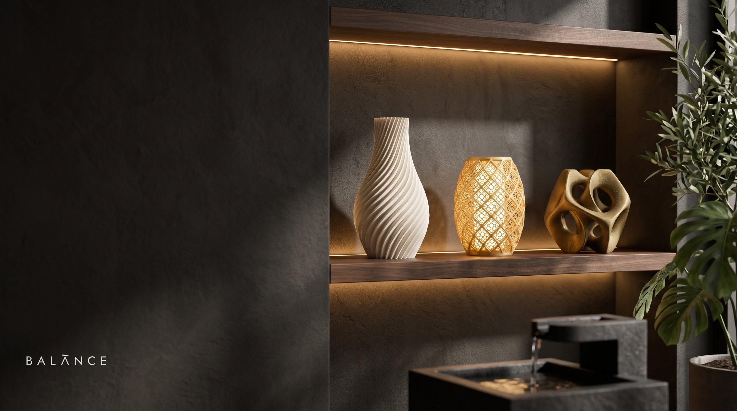 A luxury display shelf with a 3D-printed vase, lamp and sculpture